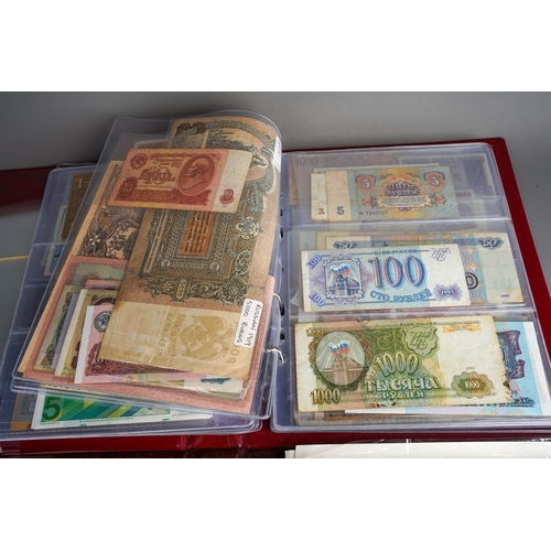 320 - Three folders of British and World banknotes, ten coin first day covers, other world coin sets and a... 