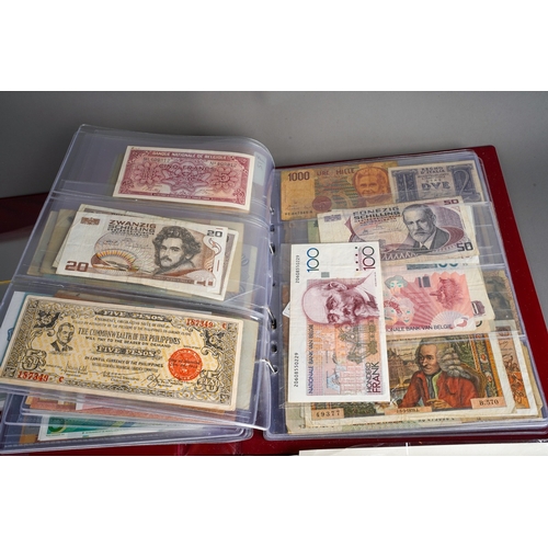 320 - Three folders of British and World banknotes, ten coin first day covers, other world coin sets and a... 