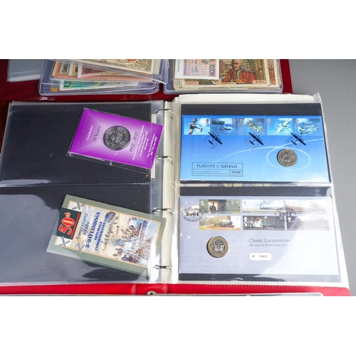 320 - Three folders of British and World banknotes, ten coin first day covers, other world coin sets and a... 