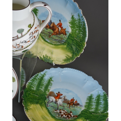 361 - A box of late 19th and 20th century hunting themed china, comprising a near pair of Continental porc... 