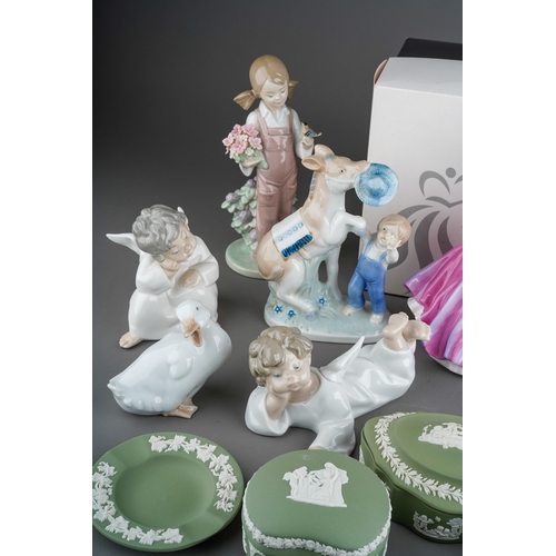 365 - A group of ten pieces of Wedgwood green jasperware and Lladro, Nao, Royal Doulton,  etc, including a... 