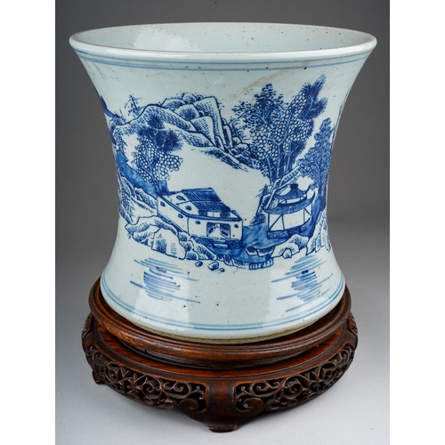 374 - A Chinese blue and white jardiniere, decorated with houses, rocks, water and birds in sky, six chara... 