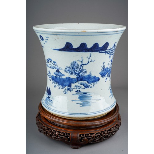 374 - A Chinese blue and white jardiniere, decorated with houses, rocks, water and birds in sky, six chara... 