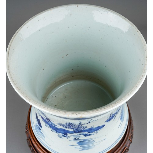 374 - A Chinese blue and white jardiniere, decorated with houses, rocks, water and birds in sky, six chara... 