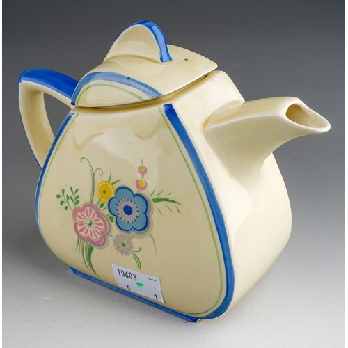 377 - A Clarice Cliff Wilkinson Ltd teapot and cover, decorated with floral pattern no 6768, Reg no: 80582... 