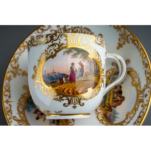 380 - An 18th Century style Meissen cup and saucer, the cup with twist handles painted with two vignettes ... 