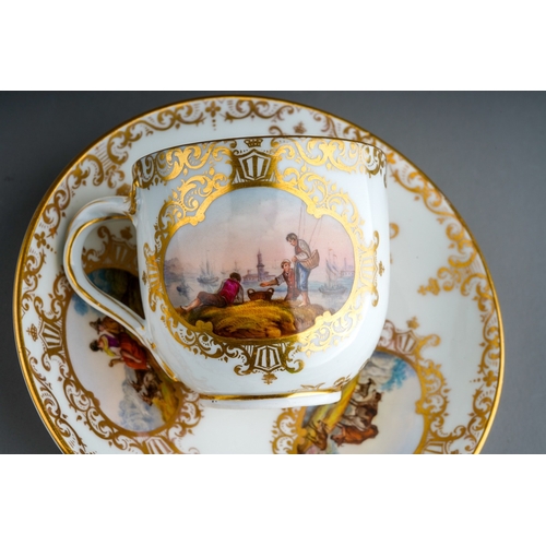 380 - An 18th Century style Meissen cup and saucer, the cup with twist handles painted with two vignettes ... 