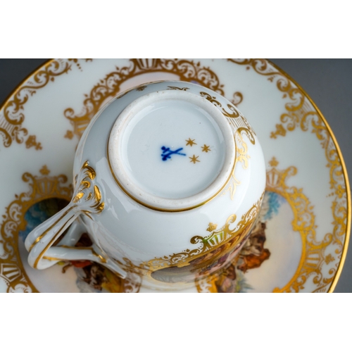 380 - An 18th Century style Meissen cup and saucer, the cup with twist handles painted with two vignettes ... 