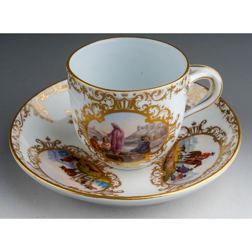 381 - An 18th Century style Meissen cup and saucer, the cup with twist handles painted with two vignettes ... 