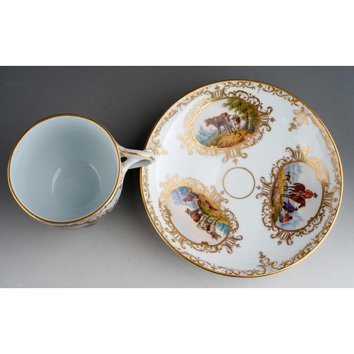 381 - An 18th Century style Meissen cup and saucer, the cup with twist handles painted with two vignettes ... 