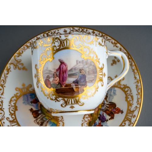 381 - An 18th Century style Meissen cup and saucer, the cup with twist handles painted with two vignettes ... 