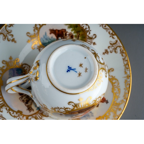 381 - An 18th Century style Meissen cup and saucer, the cup with twist handles painted with two vignettes ... 