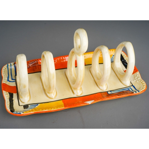 384 - A Clarice Cliff Bizarre five bar toast rack, black blindstamp and a Clarice Cliff Newport pottery 