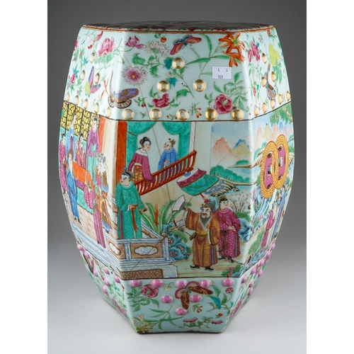 389 - An early 19th century Chinese Canton porcelain Famille Rose hexagonal garden stool, enamelled with b... 