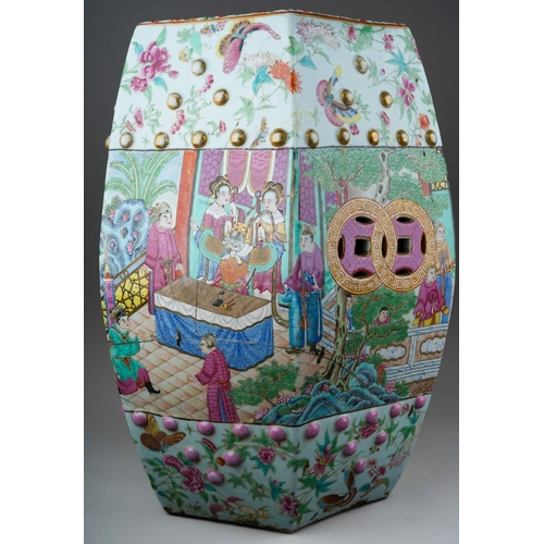 389 - An early 19th century Chinese Canton porcelain Famille Rose hexagonal garden stool, enamelled with b... 