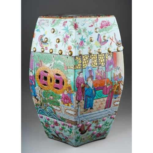 389 - An early 19th century Chinese Canton porcelain Famille Rose hexagonal garden stool, enamelled with b... 