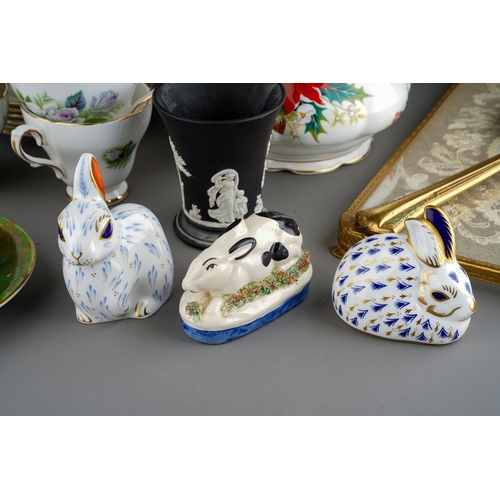 391 - Assorted ceramics to include: Staffordshire black and white crouching Rabbit with bocage on oval blu... 