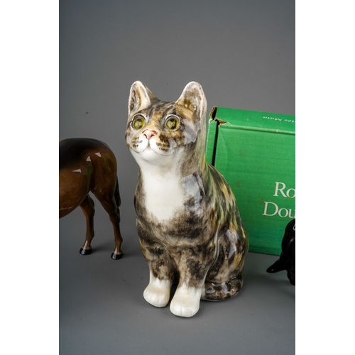 396 - Large Winstanley tabby cat with glass eyes, signed to underside, a Beswick two tone Brown gelding, s... 