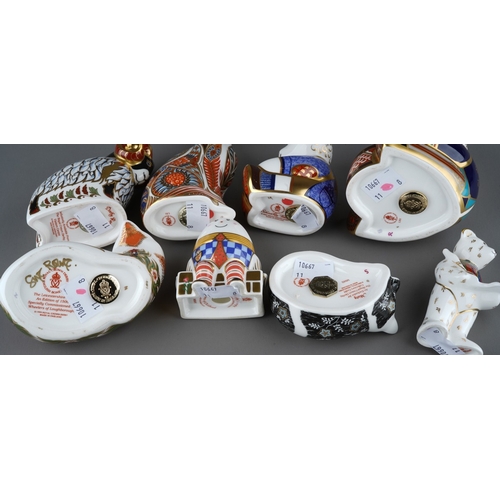 416 - 8 Royal Crown Derby paperweights to include School Boy Teddy ( 8 cm, gold stopper), Siamese Cat (13.... 