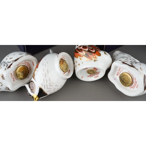 420 - Royal Crown Derby - Collectors guild Bank Vole x2, Owlet and Crested Tit, all boxed, gold stoppers.