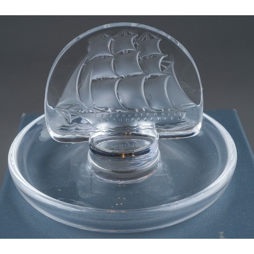 440 - Boxed Lalique pin dish with a central panel of a ship , signed to base