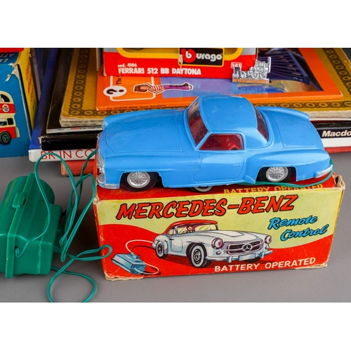 459 - A collection of boxed and loose toy cars, etc and railway related books, postcards, etc, including a... 