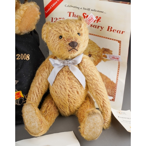 464 - A collection of Steiff Teddy Bears to include: 
1. Honey Bear with ceramic pot 2006, button and whit... 