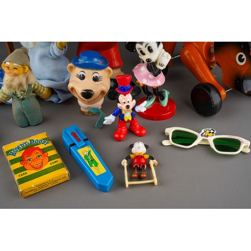 478 - Assorted vintage Toys including Disney: Mickey Mouse with a squeak; Mickey and Donald Duck rattles, ... 