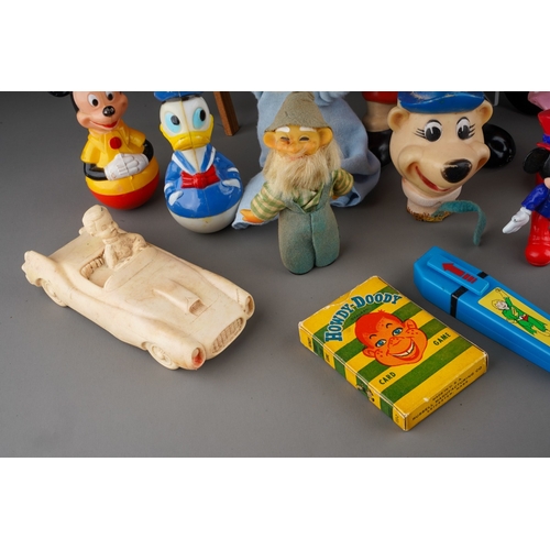 478 - Assorted vintage Toys including Disney: Mickey Mouse with a squeak; Mickey and Donald Duck rattles, ... 