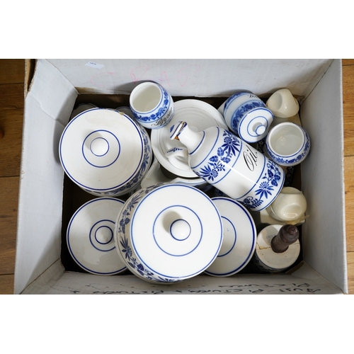 491 - Three boxes of assorted ceramics to include collection of German blue and white kitchen bowls, barre... 