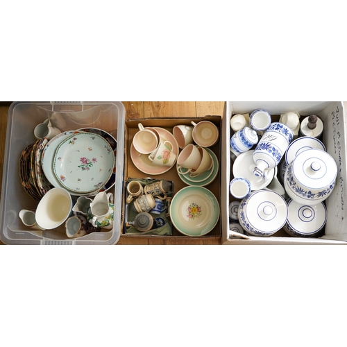 491 - Three boxes of assorted ceramics to include collection of German blue and white kitchen bowls, barre... 