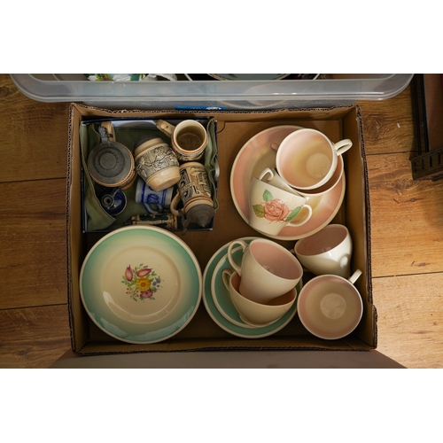 491 - Three boxes of assorted ceramics to include collection of German blue and white kitchen bowls, barre... 