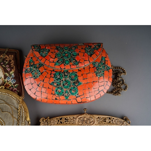 493 - A collection of early 20th Century metal mounted needlework and/or beaded  purses, a vintage mosaic ... 