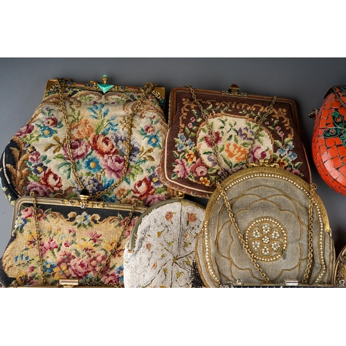 493 - A collection of early 20th Century metal mounted needlework and/or beaded  purses, a vintage mosaic ... 