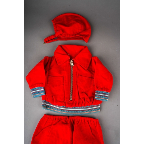 509 - A vintage red brushed cotton three piece doll's aviator outfit including hat, zipped jacket and trou... 