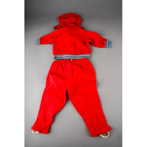 509 - A vintage red brushed cotton three piece doll's aviator outfit including hat, zipped jacket and trou... 