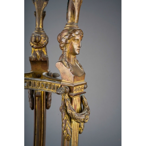 519 - An early 20th Century gilt metal mounted Empire style lamp on tripod support with caryatid supports,... 