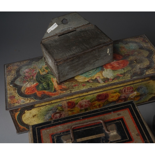 524 - A collection of vintage money tins some with gilt banding together with Chinoiserie tin tea caddy an... 