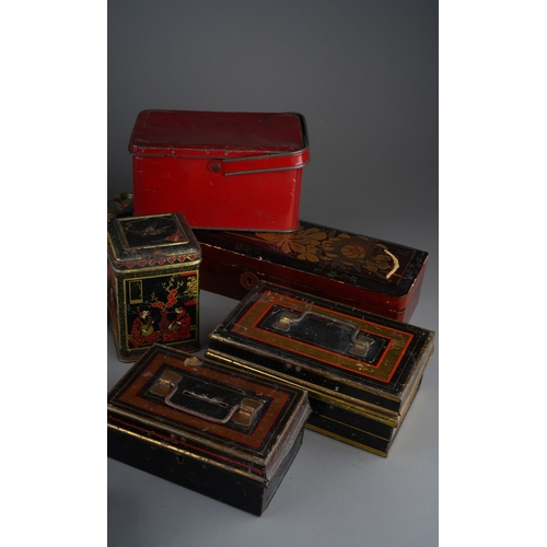 524 - A collection of vintage money tins some with gilt banding together with Chinoiserie tin tea caddy an... 