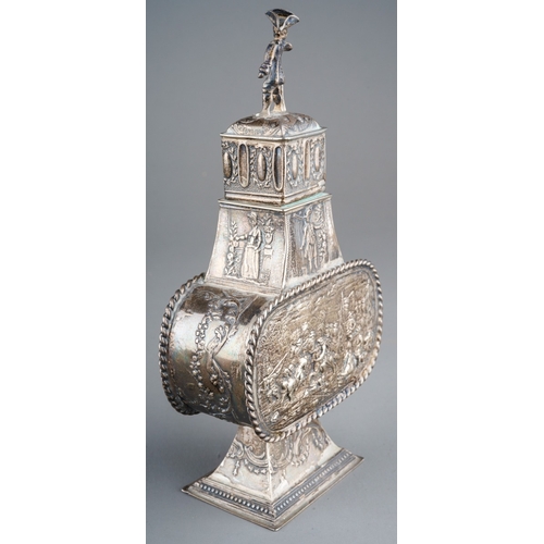 536 - A 19th Century style Dutch silver .833 standard tea caddy and cover in the shape of a Pilgrim Bottle... 