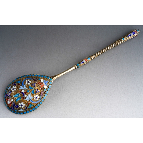 551 - A late 19th Century Russian 84 Standard silver gilt and cloisonne spoon, twist upper stem, stamped t... 