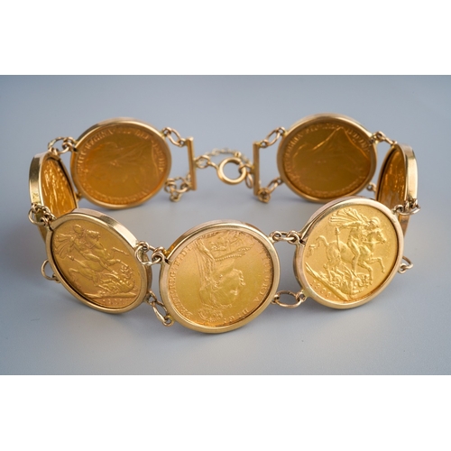 576 - 7 full sovereign bracelet to include sovereigns from 1900, 1890, 1901, 1891, 1900, 1888 and 1901. Al... 