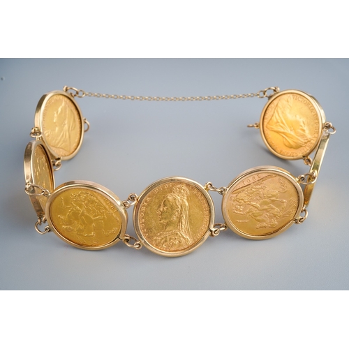 576 - 7 full sovereign bracelet to include sovereigns from 1900, 1890, 1901, 1891, 1900, 1888 and 1901. Al... 