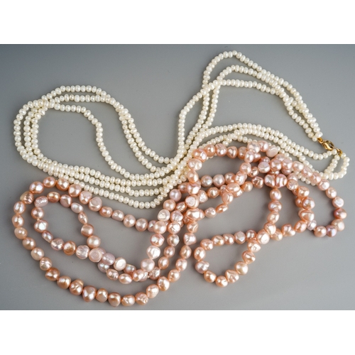 581 - Two freshwater cultured pearl necklace. To include a three row freshwater cultured pearl necklace wi... 