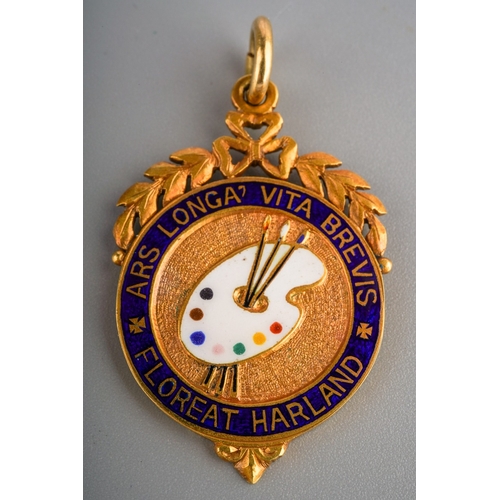 586 - 18ct gold and enamel medallion for ARS Longa Vita Brevis Floreat Harland, gross weight 9.1g, in orig... 