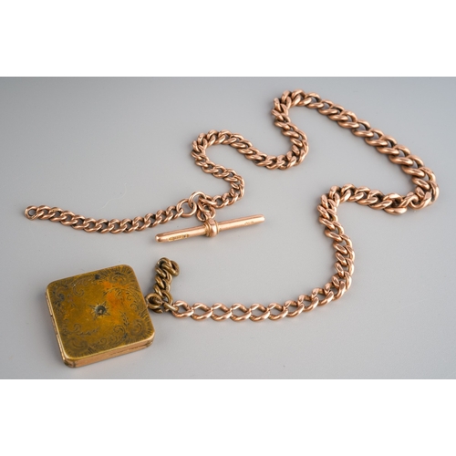 587 - 9 ct gold Single albert chain together with a brass locket. Gross weight without the locket is 23.5g