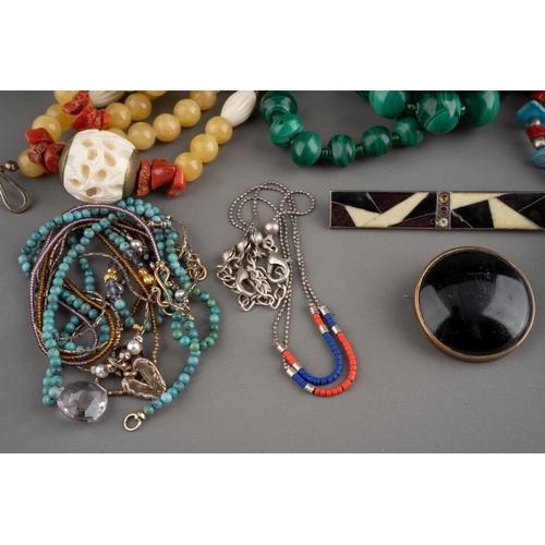 597 - Three ethnic white metal rings and four vintage brooches together with gem set necklaces including a... 