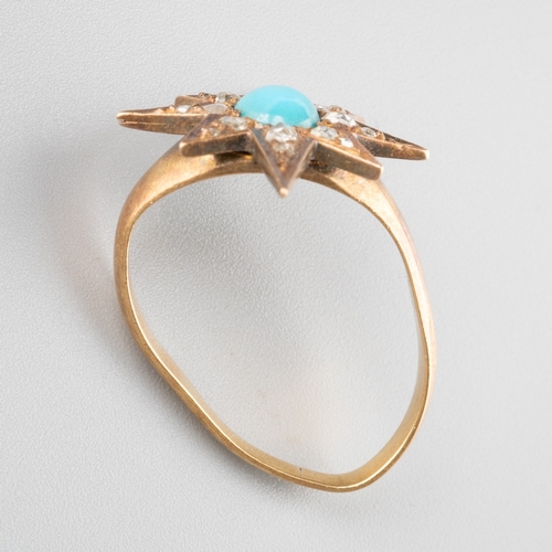 608 - An antique turquoise and diamond star ring. Set with a central turquoise cabochon within an eight ra... 