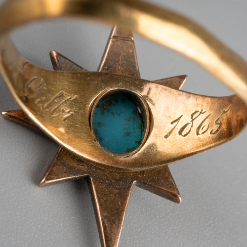 608 - An antique turquoise and diamond star ring. Set with a central turquoise cabochon within an eight ra... 