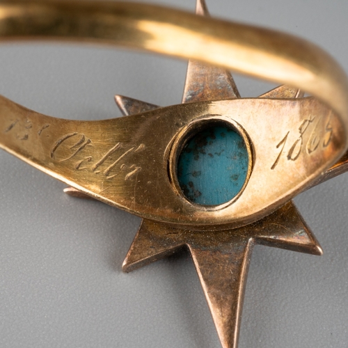 608 - An antique turquoise and diamond star ring. Set with a central turquoise cabochon within an eight ra... 